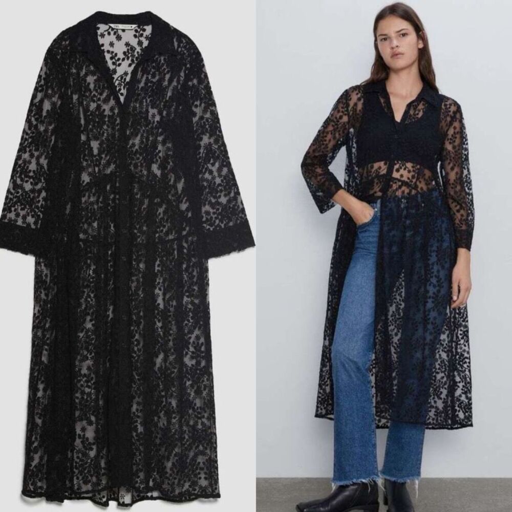 Zara Sheer Lace Cutwork Long Sleeve Midi Shirt Dress Kimono Black Womens Small